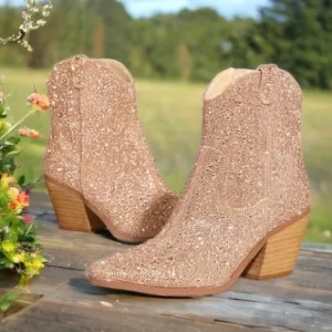 MIIM ANGEL Rose Gold Rhinestone Embellished Ankle Western Heeled Cowboy Boots