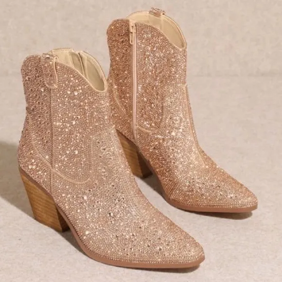 MIIM ANGEL Rose Gold Rhinestone Embellished Ankle Western Heeled Cowboy Boots