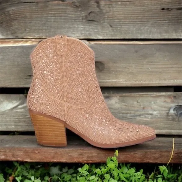 MIIM ANGEL Rose Gold Rhinestone Embellished Ankle Western Heeled Cowboy Boots
