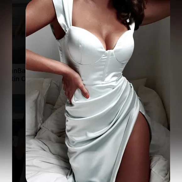 Miss Circle Hedy White satin off shoulder draped sleeves corset bustier dress