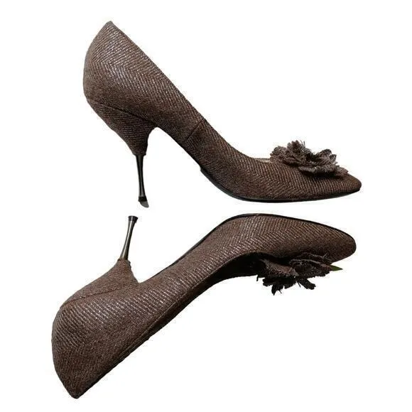 MISSONI Metal Heels Fabric Shoes Retro Pumps Size 9 39 Brown‎ Metallic Tweed