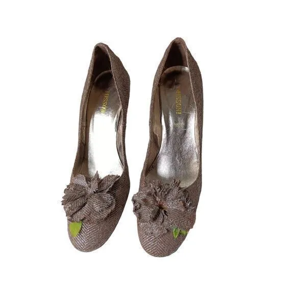 MISSONI Metal Heels Fabric Shoes Retro Pumps Size 9 39 Brown‎ Metallic Tweed