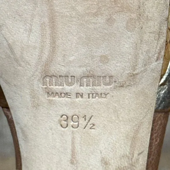 Miu Miu Gold Strappy Stiletto Open Toe Heels Cork Sole Size 39.5 9.5 9