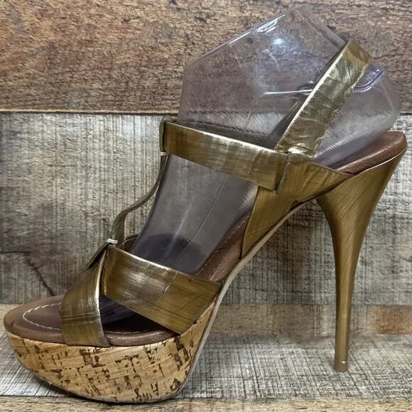 Miu Miu Gold Strappy Stiletto Open Toe Heels Cork Sole Size 39.5 9.5 9
