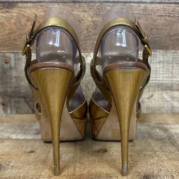 Miu Miu Gold Strappy Stiletto Open Toe Heels Cork Sole Size 39.5 9.5 9