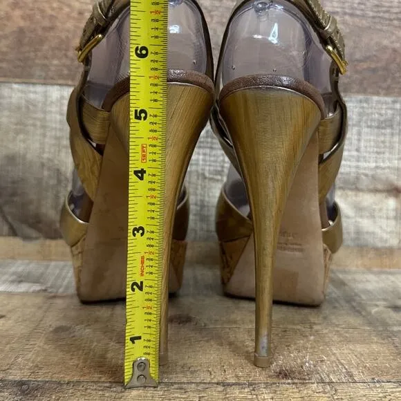 Miu Miu Gold Strappy Stiletto Open Toe Heels Cork Sole Size 39.5 9.5 9