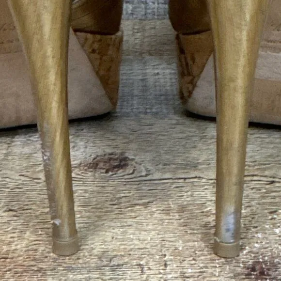 Miu Miu Gold Strappy Stiletto Open Toe Heels Cork Sole Size 39.5 9.5 9