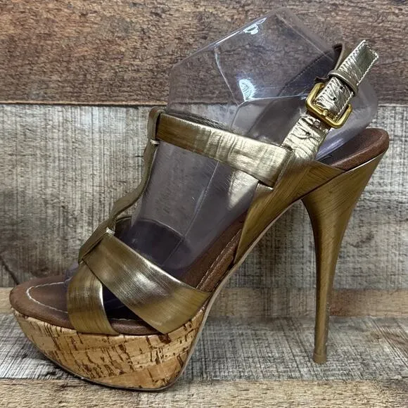 Miu Miu Gold Strappy Stiletto Open Toe Heels Cork Sole Size 39.5 9.5 9
