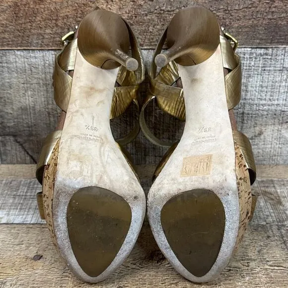 Miu Miu Gold Strappy Stiletto Open Toe Heels Cork Sole Size 39.5 9.5 9