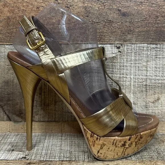 Miu Miu Gold Strappy Stiletto Open Toe Heels Cork Sole Size 39.5 9.5 9