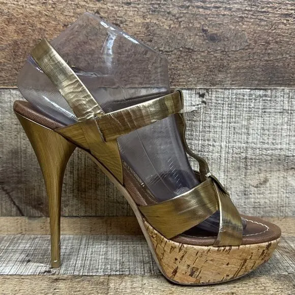 Miu Miu Gold Strappy Stiletto Open Toe Heels Cork Sole Size 39.5 9.5 9