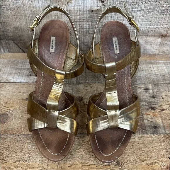 Miu Miu Gold Strappy Stiletto Open Toe Heels Cork Sole Size 39.5 9.5 9