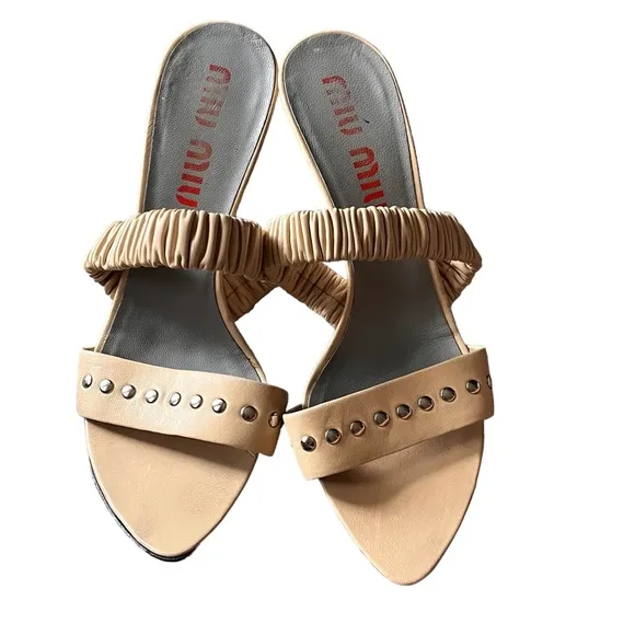 Miu Miu Stud Nappa Strap Mule Heel Sandals Shoes size 39.5