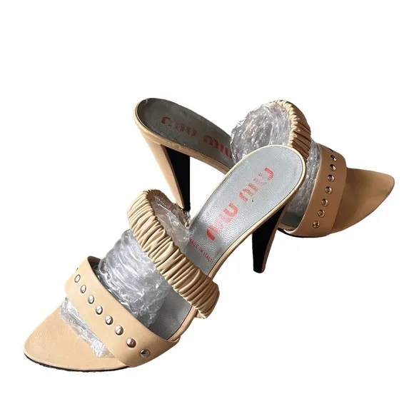 Miu Miu Stud Nappa Strap Mule Heel Sandals Shoes size 39.5