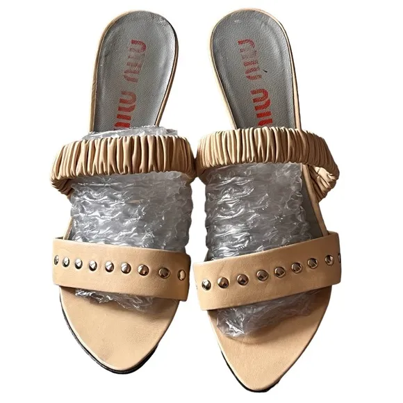 Miu Miu Stud Nappa Strap Mule Heel Sandals Shoes size 39.5