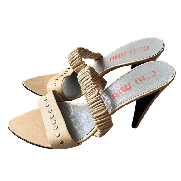 Miu Miu Stud Nappa Strap Mule Heel Sandals Shoes size 39.5