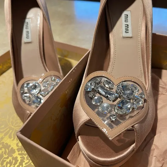 MIU MUI SATIN WITH HEARTS OF CRYSTAL “CINDERELLA” SHOES!!  NWT