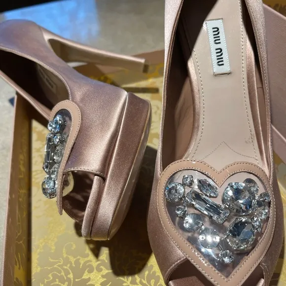 MIU MUI SATIN WITH HEARTS OF CRYSTAL “CINDERELLA” SHOES!!  NWT