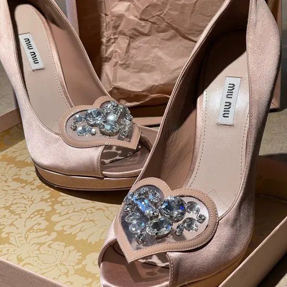 MIU MUI SATIN WITH HEARTS OF CRYSTAL “CINDERELLA” SHOES!!  NWT