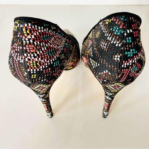 MIX NO 6 Black Multi Geometric Print Embroidered Woven Stiletto Heels Shoes 9