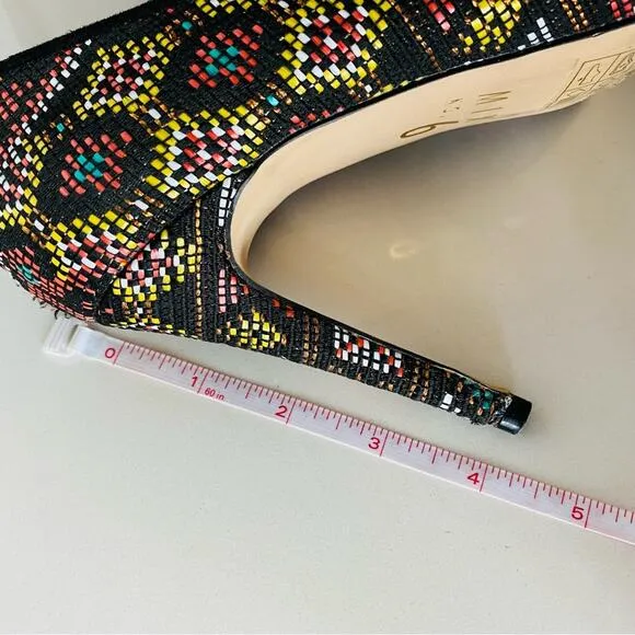 MIX NO 6 Black Multi Geometric Print Embroidered Woven Stiletto Heels Shoes 9