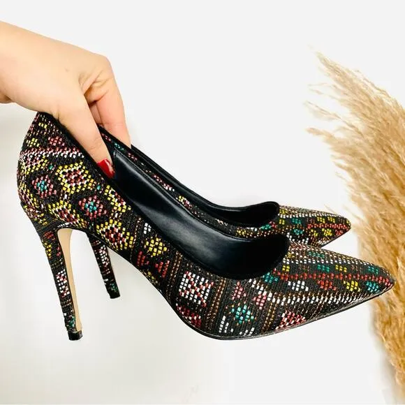 MIX NO 6 Black Multi Geometric Print Embroidered Woven Stiletto Heels Shoes 9