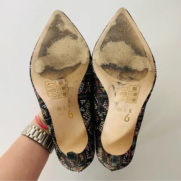 MIX NO 6 Black Multi Geometric Print Embroidered Woven Stiletto Heels Shoes 9