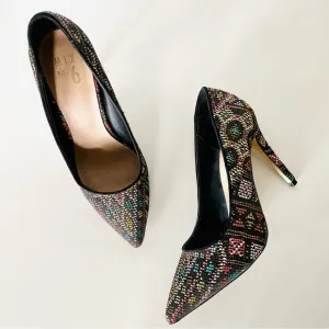 MIX NO 6 Black Multi Geometric Print Embroidered Woven Stiletto Heels Shoes 9