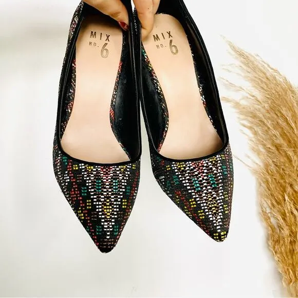 MIX NO 6 Black Multi Geometric Print Embroidered Woven Stiletto Heels Shoes 9