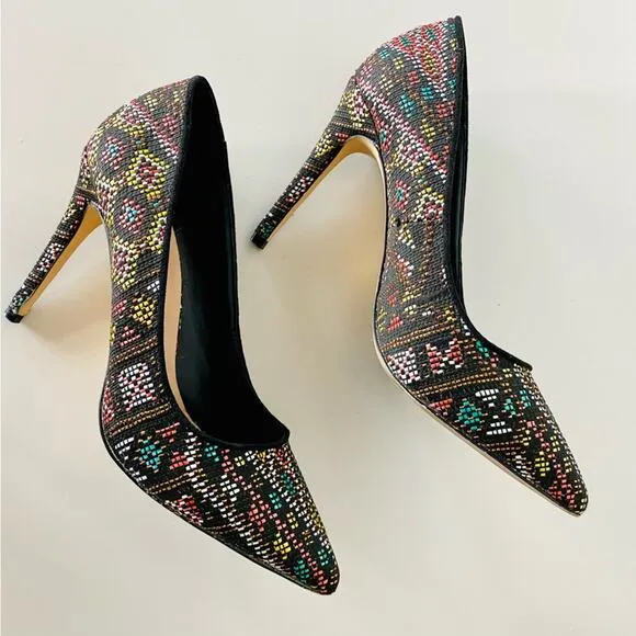 MIX NO 6 Black Multi Geometric Print Embroidered Woven Stiletto Heels Shoes 9