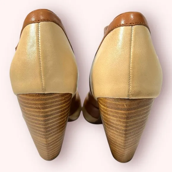 MIZ MOOZ Weatherly Tan and Cream Peep-Toe Vintage Style Stacked Heels Size 8