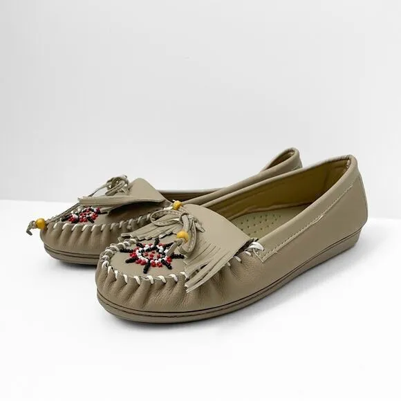 Mocassin Shoes Flats Beaded Fringe Leather 9M