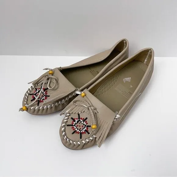 Mocassin Shoes Flats Beaded Fringe Leather 9M