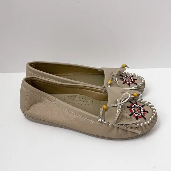 Mocassin Shoes Flats Beaded Fringe Leather 9M