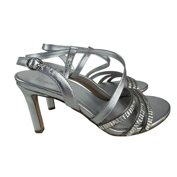 NATURALIZER KIMBERLY2 OPEN TOE STRAPPY HEELED SANDALS IN SILVER NWOB SIZE 8W