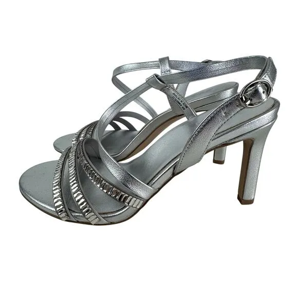 NATURALIZER KIMBERLY2 OPEN TOE STRAPPY HEELED SANDALS IN SILVER NWOB SIZE 8W