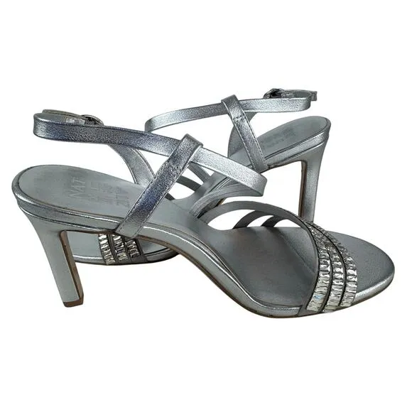 NATURALIZER KIMBERLY2 OPEN TOE STRAPPY HEELED SANDALS IN SILVER NWOB SIZE 8W