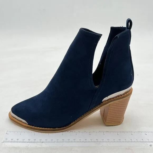 Navy Low Heeled Ankle Boots Faux Suede Cowboy Booties Cutout with Metal Toe