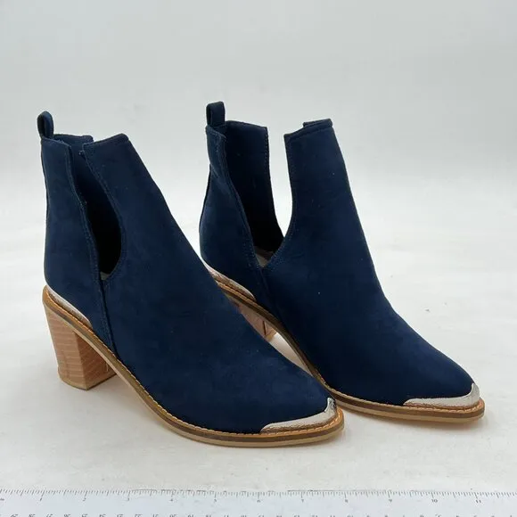 Navy Low Heeled Ankle Boots Faux Suede Cowboy Booties Cutout with Metal Toe