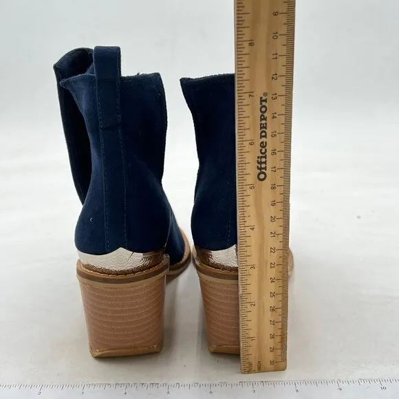 Navy Low Heeled Ankle Boots Faux Suede Cowboy Booties Cutout with Metal Toe