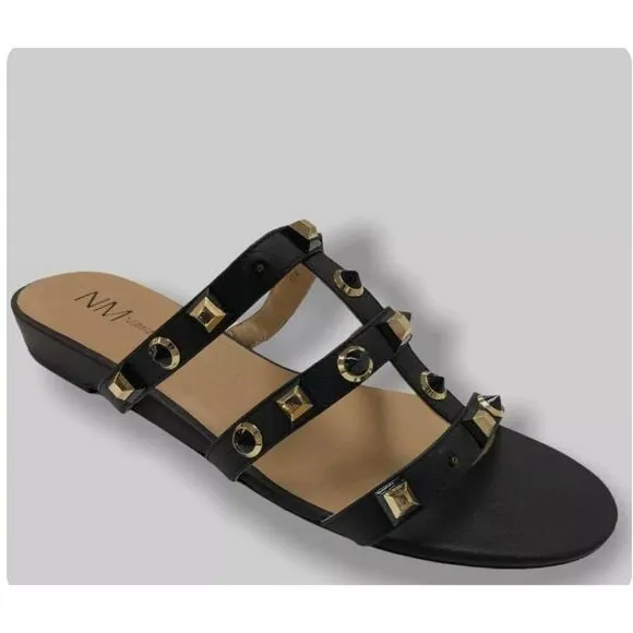 Neiman Marcus Black Buzzy Studded Gladiator  Slide Sandal size 5.5 M