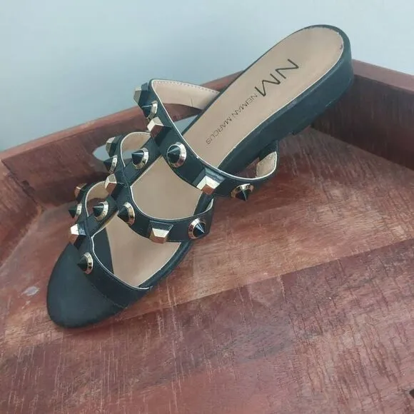 Neiman Marcus Black Buzzy Studded Gladiator  Slide Sandal size 5.5 M