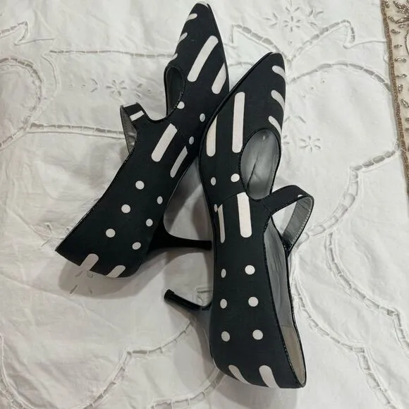 NEW ASHRO Black White Linen Retro Funky Look Mary Jane Heel Shoes Size 12