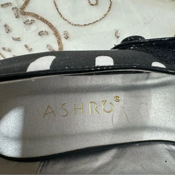 NEW ASHRO Black White Linen Retro Funky Look Mary Jane Heel Shoes Size 12