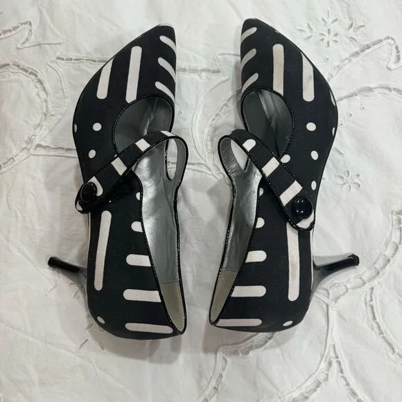 NEW ASHRO Black White Linen Retro Funky Look Mary Jane Heel Shoes Size 12