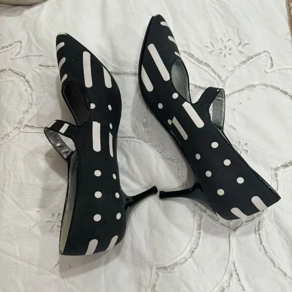 NEW ASHRO Black White Linen Retro Funky Look Mary Jane Heel Shoes Size 12