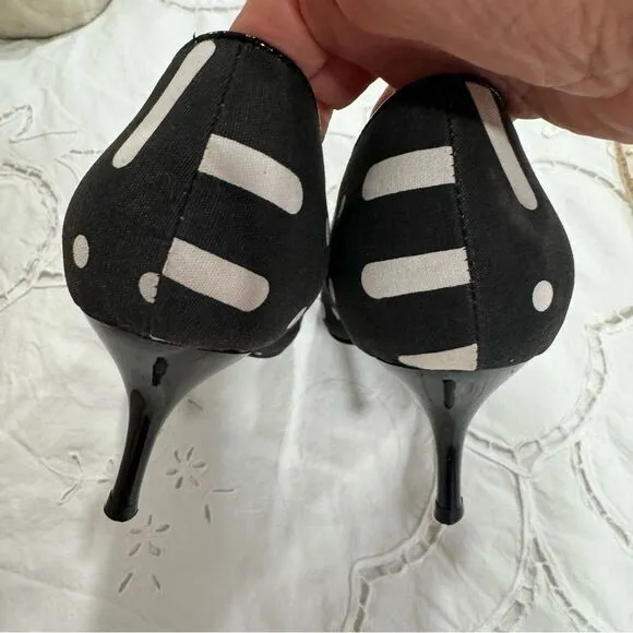 NEW ASHRO Black White Linen Retro Funky Look Mary Jane Heel Shoes Size 12