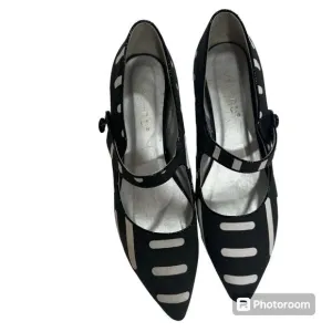 NEW ASHRO Black White Linen Retro Funky Look Mary Jane Heel Shoes Size 12