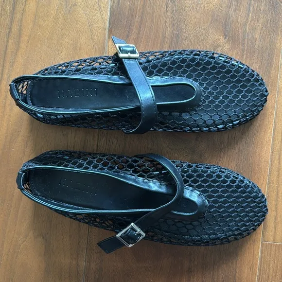 NEW / Black Fishnet Leather Ballerina Flats / Ballet Flats Shoes / 7.5