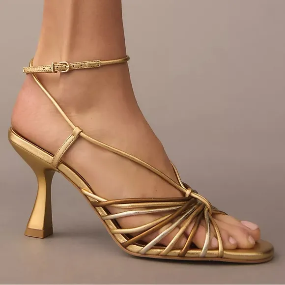 New Caverley x Anthropologie Norman Heel Cow Satin 7 Black White Leather Strappy